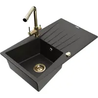 Mexen Cesar granieten gootsteen, 1-komors met afdruiprek en keukenmengkraan Duero, zwart/goud metallic - 6514-75-671600-50