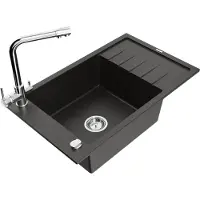 Mexen Elias granieten gootsteen 1-kompartement met afdruipplaat en keukenkraan Duero, zwart/gouden metallic - 6511-75-671600-00