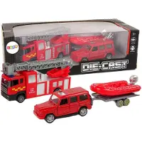 Lean Toys Brandweervoertuigenset Pull Motorboot Jeep Rood