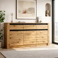 OKWISH Dressoir – Golfstructuur – 135 x 35 x 70 cm – 3 Lades En 3 Kastvakken – Verstelbare Planken – Spaanplaat Naturel