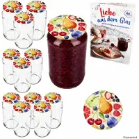 MamboCat 12-delige set ronde glazen 1062 ml tot 82 Comic Fruit deksels incl. Diamant Gelierzauber receptenboekje