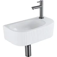 Qeramiq Fuente Fonteinset - 40x21.5x12cm - rechts - geribbeld - halfrond - 1 kraangat - keramiek - fonteinkraan gunmetal - afvoerplug - verlaagd sifon - wit mat SW1522211/SW769487/SW767295/SW696239