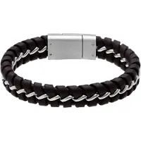 Lucardi - Heren Stainless steel herenarmband gevlochten leer bruin - Armband - Staal - Zilverkleurig - 22 cm