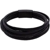 Lucardi - Heren Stainless steel herenarmband gevlochten leer zwart - Armband - Staal - Zwart - 21 cm