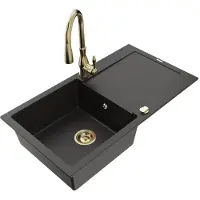 Mexen Leo granieten spoelbak met 1 bak en afdruiprek en keukenkraan Savita, zwart/gouden metallic - 6501-75-672601-50