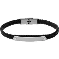 Lucardi - Heren Stainless steel herenplaatarmband gevlochten leer zwart - Armband - Staal - Zilverkleurig - 20 cm