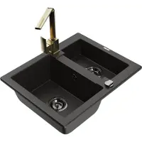 Mexen Carlos granieten spoelbak 1,5-compertiment met keukenkraan Rita, zwart/goud metallic - 6518-75-670300-50-B