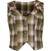 Voodoo Vixen - Rockabilly Bodywarmer - Plaid Flower Embroidered Western Vest - XS tot XXL - voor Vrouwen - groen-roze - Maat XL