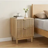 STILVORA Nachtkastje - Met 2 Lades En Open Vak - Voor Slaapkamer En Woonkamer - MDF Met Eikenlook En Goudkleurige Details - 45x39x56,5 Cm