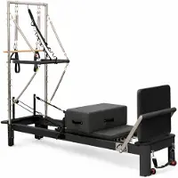 PH Fitness Aluminium Pilates Reformer met Half Trapeze Tower – Professioneel Studio Apparaat met 6 Veren, Verstelbare Voetbar & Premium PU Bekleding - Zwart