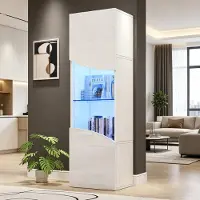OKWISH Vitrinekast – Met Led Verlichting – 35 x 50 x 165 cm – 4 Niveaus Opbergruimte – Hoogglans Wit – Gehard Glas