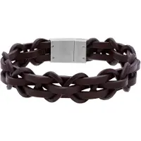 Lucardi - Heren Stainless steel herenarmband gevlochten leer bruin - Armband - Staal - Zilverkleurig - 19 cm