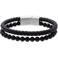 Lucardi - Heren Stainless steel kralenarmband zwart agaat - Armband - Staal - Zilverkleurig - 19 cm