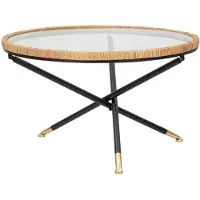 Mauro Ferretti Runder salontafel Saint Barth, diameter 80 cm, van metaal, glas en riet – goudkleurige afwerking en bohemien-chique stijl voor uw interieur