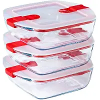 Pyrex - Cook & Heat Schaal Vierkant 1 liter Set van 3 Stuks - Transparant/Rood