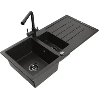 Mexen Andres granieten gootsteen 1,5-komor met afdruiprek en keukenkraan Duero, zwart/goud - 6515-75-671600-70-B