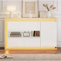 STILVORA Dressoir - Hoogglans Opbergkast Met Led En Glazen Deuren - Voor Woonkamer Hal En Kantoor - Spaanplaat - 140x40x84 Cm - Wit;Natuurlijk