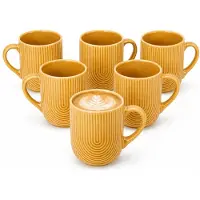 Secret De Gourmet koffie mok Memphis - 6x stuks - okergeel - 300 ml - drink mokken - keramiek - met stijlvol motief