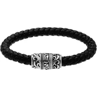 Lucardi - Heren Stainless steel herenarmband gevlochten leer zwart - Armband - Staal - Zilverkleurig - 21 cm