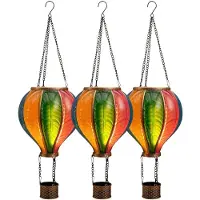 Anna's Collection Solar luchtballon lantaarn - 3x - multi - hangend - 20 led lampjes - vlam effect - 11 x 36 cm - zonne-energie