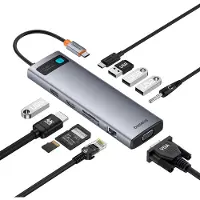 Baseus HUB - 11in1 - Metal Gleam-serie USB-C naar USB-C PD / 3x USB-A 3.0 / USB-A 2.0 / HDMI / VGA / AUX / RJ-45 / SD TF - grijs