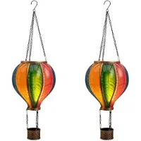 Anna's Collection Solar luchtballon lantaarn - 2x - multi - hangend - 20 led lampjes - vlam effect - 11 x 36 cm - zonne-energie