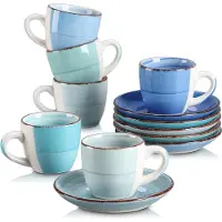 Vancasso 6 Bonita Espresso Kopjes - Blauw - Kop & Schotels - 90ML Espresso Kopjes Met Schoteltjes - Aardewerk - Koffie Kopjes - Vaatwasserbestendig
