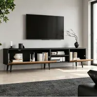 OKWISH Tv-Meubel - 180×33,5×45 Cm - 3 Deuren En Open Vak - Kabeldoorvoer En Stille Scharnieren - Voor Woonkamer - Houtkleur Zwart