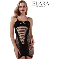 Elara Clarinda – Sexy Bodydress van Visnet & Kant – Verleidelijke Mini Jurk met Stretch - Erotisch Body / Bodystocking – One Size – Zwart