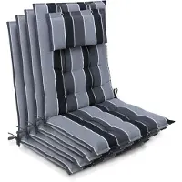 Beautissu Sun-HL – Set van 4 Premium Hoge Rugleuning Stoelkussen 120x50 cm – UV-bestendig – 8cm Dik – met Hoofdkussen & Bevestigingsbanden – Antislip – Antraciet Gestreept
