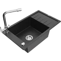Mexen Elias granieten spoelbak 1-komorige met afdruiprek en keukenkraan Duero, zwart/zilveren metallic - 6511-73-671600-00