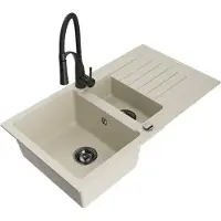Mexen Matias granieten spoelbak 1,5-komorige met afdruiprek en Aster keukenmengkraan, beige - 6502-69-73450-70-B