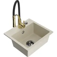 Mexen Milo granieten gootsteen met een enkele kom met Aster keukenkraan, beige - 6505-69-73450-57-B