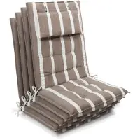 Beautissu Sun-HL – Set van 4 Premium Hoge Rugleuning Stoelkussen 120x50 cm – UV-bestendig – 8cm Dik – met Hoofdkussen & Bevestigingsbanden – Antislip – Beige Wit Gestreept