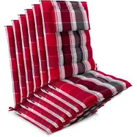 Beautissu Sun-HL – Set van 6 Premium Hoge Rugleuning Stoelkussen 120x50 cm – UV-bestendig – 8cm Dik – met Hoofdkussen & Bevestigingsbanden – Antislip – Rood Gestreept