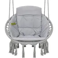 Vita5 Macramé Hangstoel - Voor Binnen en Buiten - Zonder Standaard - Incl. Kussen, Boekenvak en Beschermhoes - Tot 150kg - Grijs