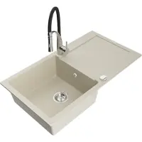 Mexen Leo granieten spoelbak 1-kompartment met afdruiprek en keukenkraan Aster, beige - 6501-69-73450-07