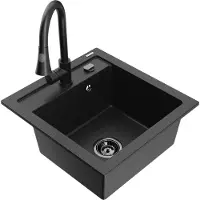 Mexen Vito granieten spoelbak 1-komorige met keukenmengkraan Elia, zwart/zilver metallic - 6503-73-670101-70-B