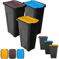 Kadax Vuilnisemmerset voor afvalscheiding, 3 x 30 liter, afvalemmerset voor afvalscheidingssysteem, afvalsorteerder, afvalcontainer van kunststof met klapdeksel (3, bruin, geel en blauw)