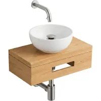 Royal plaza Terra Fonteinplank - 40x25x10cm - met handdoekhouder - waskom wit mat - fonteinkraan RVS - afvoerplug - sifon - sandwood (licht eiken) SW1470599/SW1102402/SW1108829/SW696201/SW696217