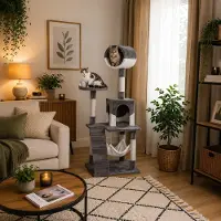 Belviona kattenboom, klimboom voor katten met hol, hangmat, trap en ligplatform, grijs/wit