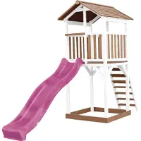 Axi Beach Tower Speeltoestel van hout in Bruin en Wit | Speeltoren met zandbak en paarse Glijbaan | Speelhuis op palen voor de tuin