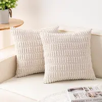 COOAU -Set van 2 decoratieve ribfluwelen kussenslopen - 45 x 45 cm (18x18 inch) - Zachte gestreepte kussenslopen - Modern boerderijhuisdecor - Voor bank, woonkamer, bed - effen kleur - Melkwit