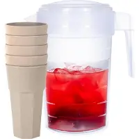 PlasticForte Waterkan van 2 Liter - transparant - kunststof - met 5x stuks onbreekbare drinkglazen - beige - 600 ml