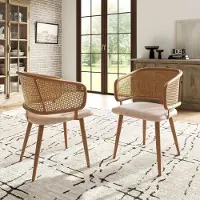 MODFU - Eetkamerstoelen Set Van 2 - Met Rotan Rugleuning En Zitkussen - Modern - Voor Eethoek Of Woonkamer - Metaal Houtlook - Beige Bruin