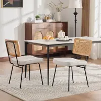 HAUSS SPOLE Eetkamerstoel - Set Van 2 - Chenille Zitting Met Rattanlook Rugleuning - Voor Eethoek En Keuken - Ivoor