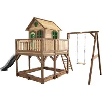 Axi Liam Speelhuis op palen, zandbak, dubbele schommel & grijze Glijbaan | Speelhuisje voor de tuin / buiten in bruin & groen van FSC hout | Speeltoestel voor kinderen