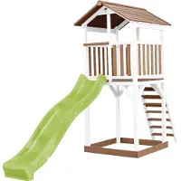 Axi Beach Tower Speeltoestel van hout in Bruin en Wit | Speeltoren met zandbak en lichtgroene Glijbaan | Speelhuis op palen voor de tuin