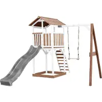Axi Beach Tower Speeltoestel van hout in Bruin en Wit | Speeltoren met zandbak, schommel en grijze Glijbaan | Speelhuis op palen voor de tuin