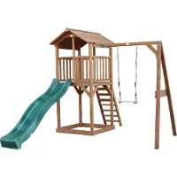 Axi Beach Tower Speeltoestel van hout in Bruin | Speeltoren met zandbak, schommel en groene Glijbaan | Speelhuis op palen voor de tuin